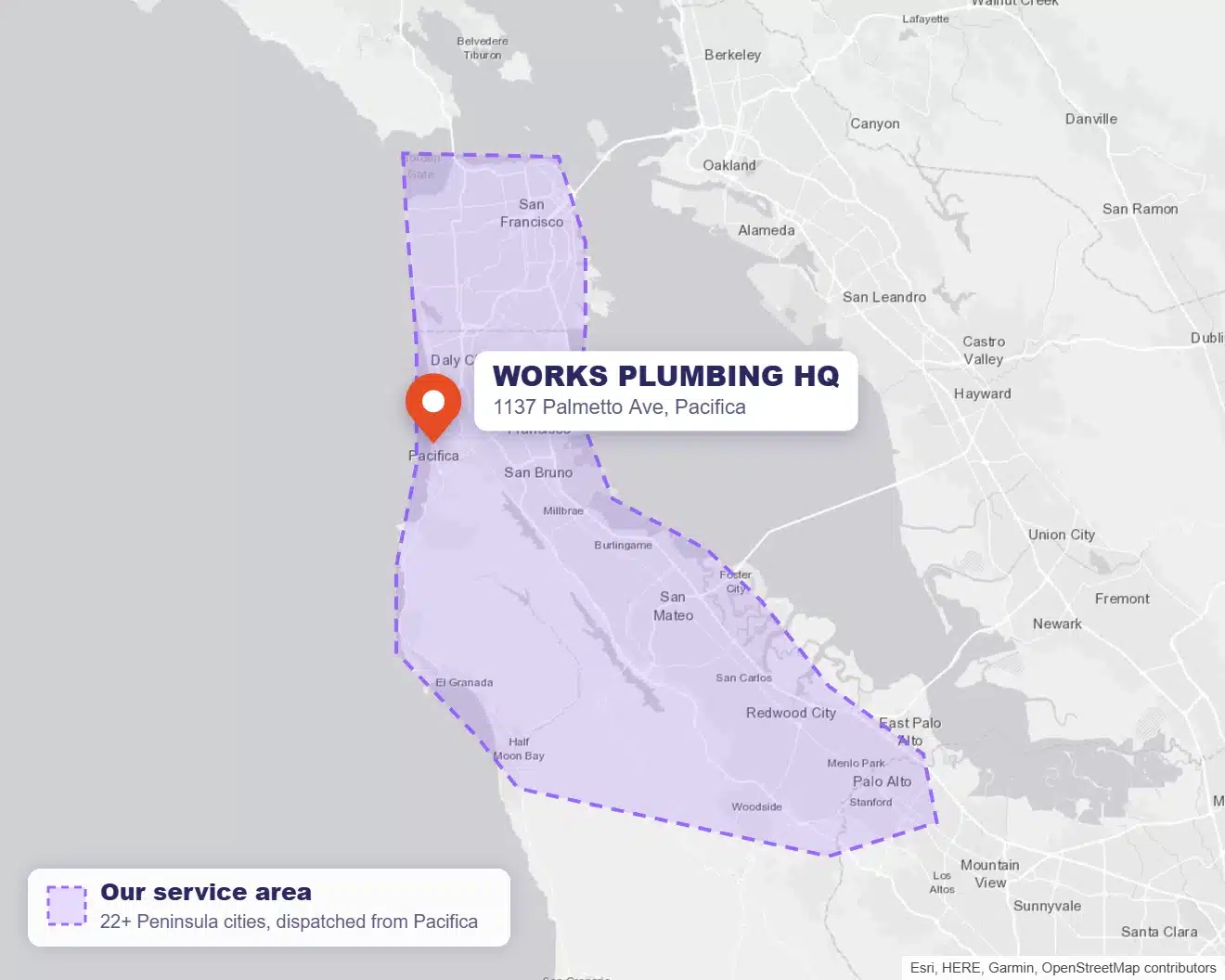 Works Plumbing service area map, Pacifica HQ serving the San Francisco Peninsula